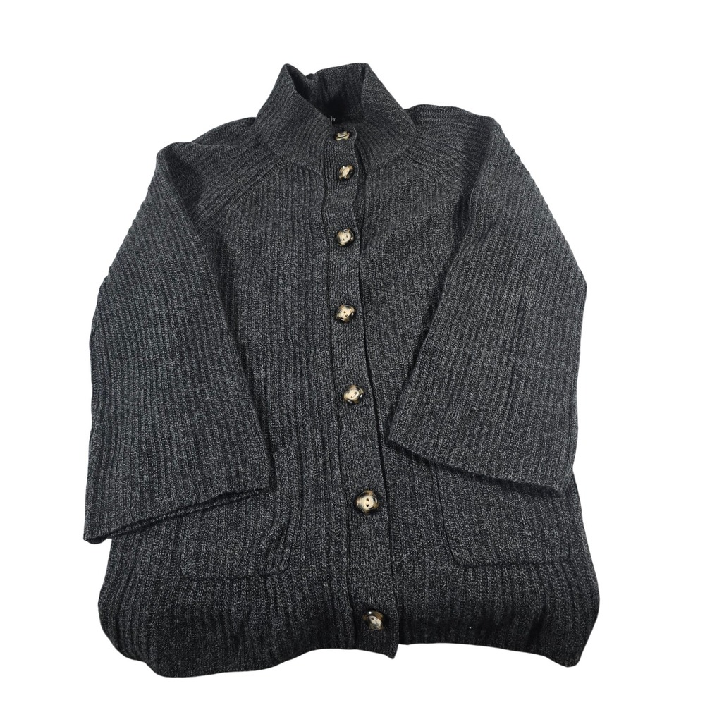 McDuff Womens Wool Cashmere Ribbed Knit‎ Mock Neck Cardigan Sweater Gray Large